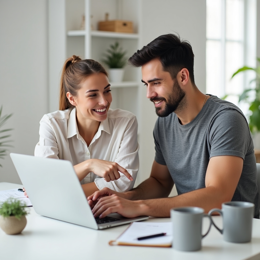 Pár plánuje společné finance u laptopu